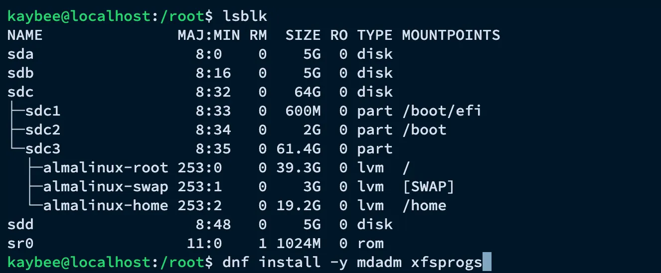lsblk showing the disk layout and installing mdadm and xfsprogs