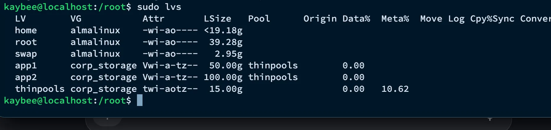 lvs showing app1 and app2 thin volumes at 0% data usage against the 15GB thin pool