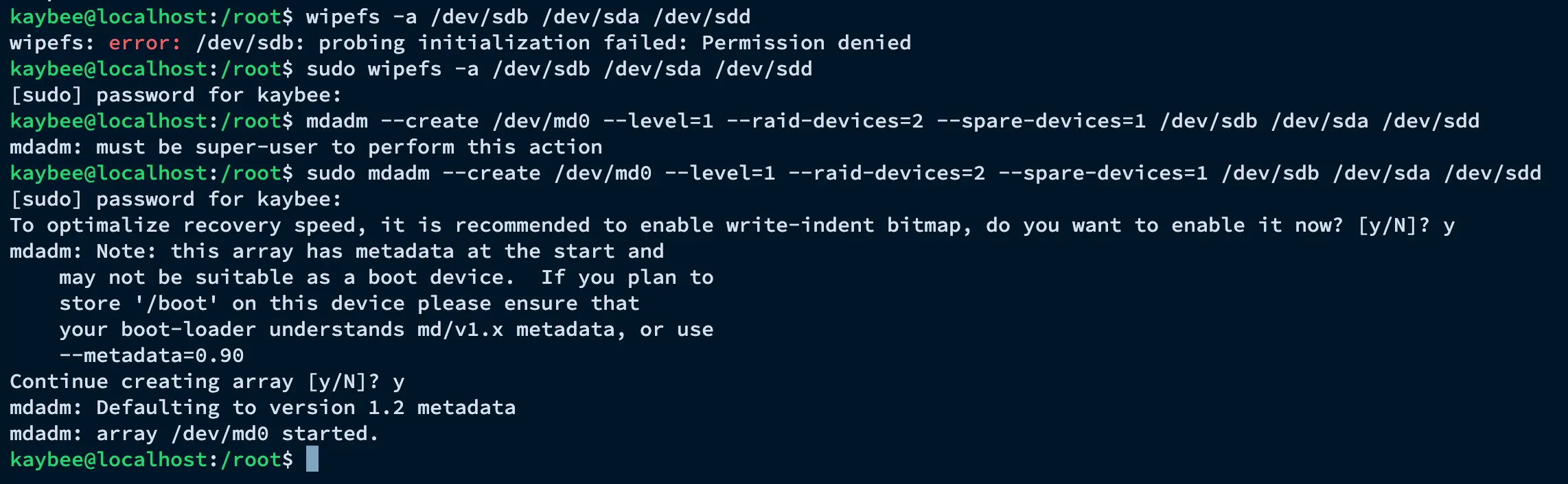 wipefs clearing disk signatures followed by mdadm –create building the RAID1 array