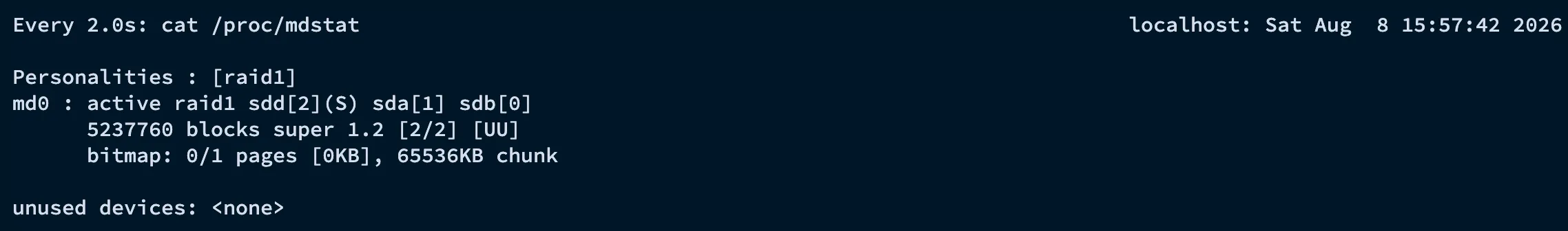 watch cat /proc/mdstat showing the RAID1 sync progress
