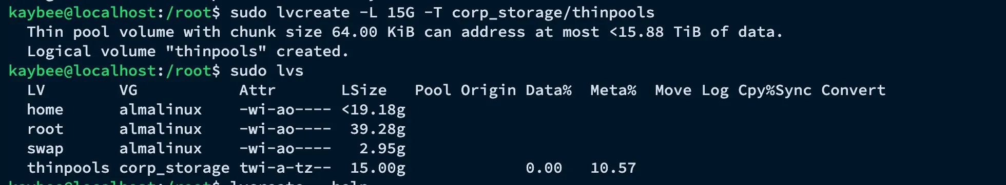 lvcreate output creating the thin pool, followed by lvs confirming it
