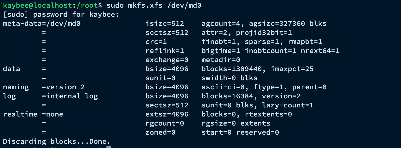mkfs.xfs formatting /dev/md0 with the XFS filesystem