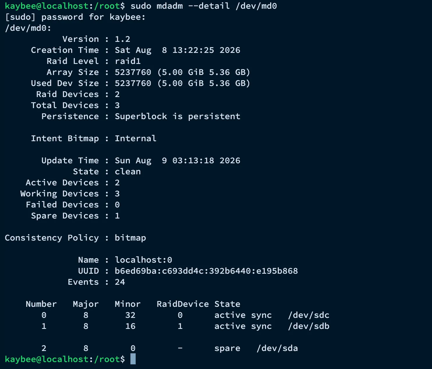 mdadm –detail /dev/md0 showing sdc and sdb active sync, sda as spare