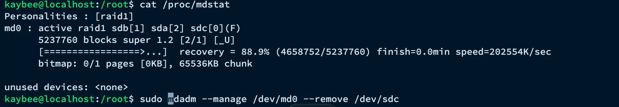 cat /proc/mdstat showing sdc marked failed and recovery in progress, followed by removing sdc from the array