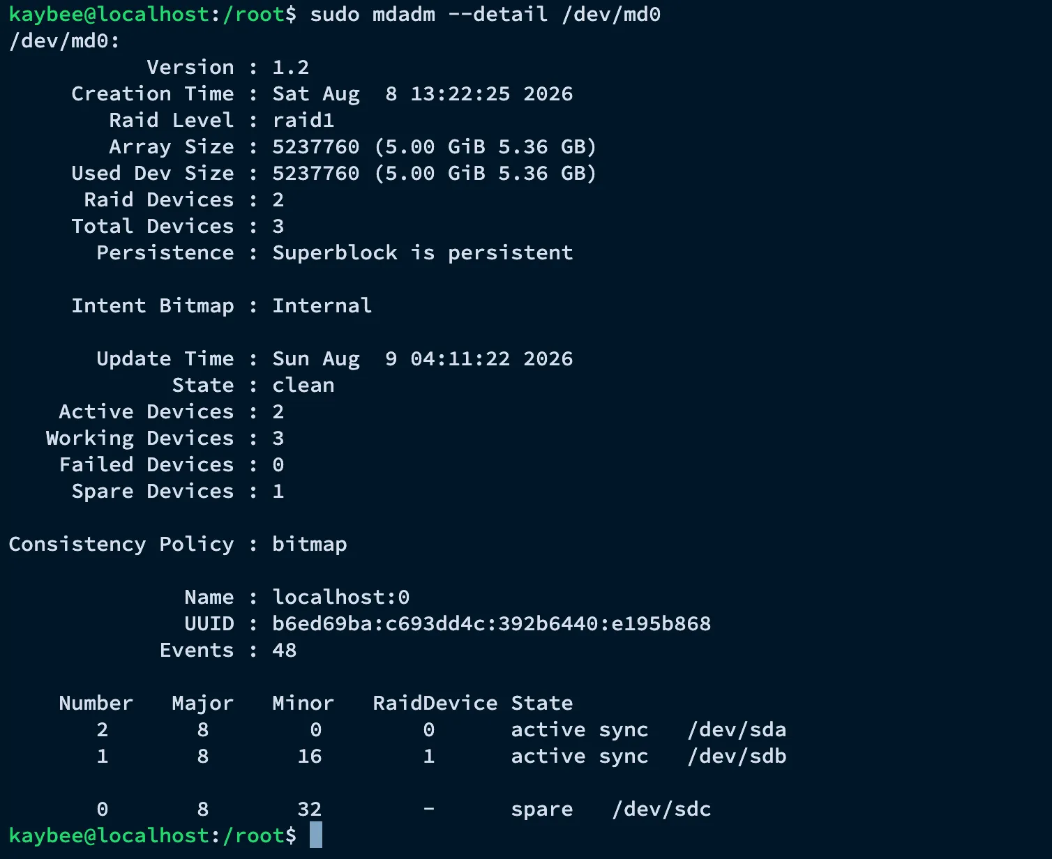 mdadm –detail /dev/md0 showing sda and sdb active sync, sdc restored as spare